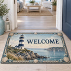 Navy and white lighthouse on a rocky calm harbor printed on a doormat in a pale coastal room.