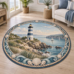 Navy and white lighthouse on a rocky calm harbor printed on a round mat rug in a pale coastal room.