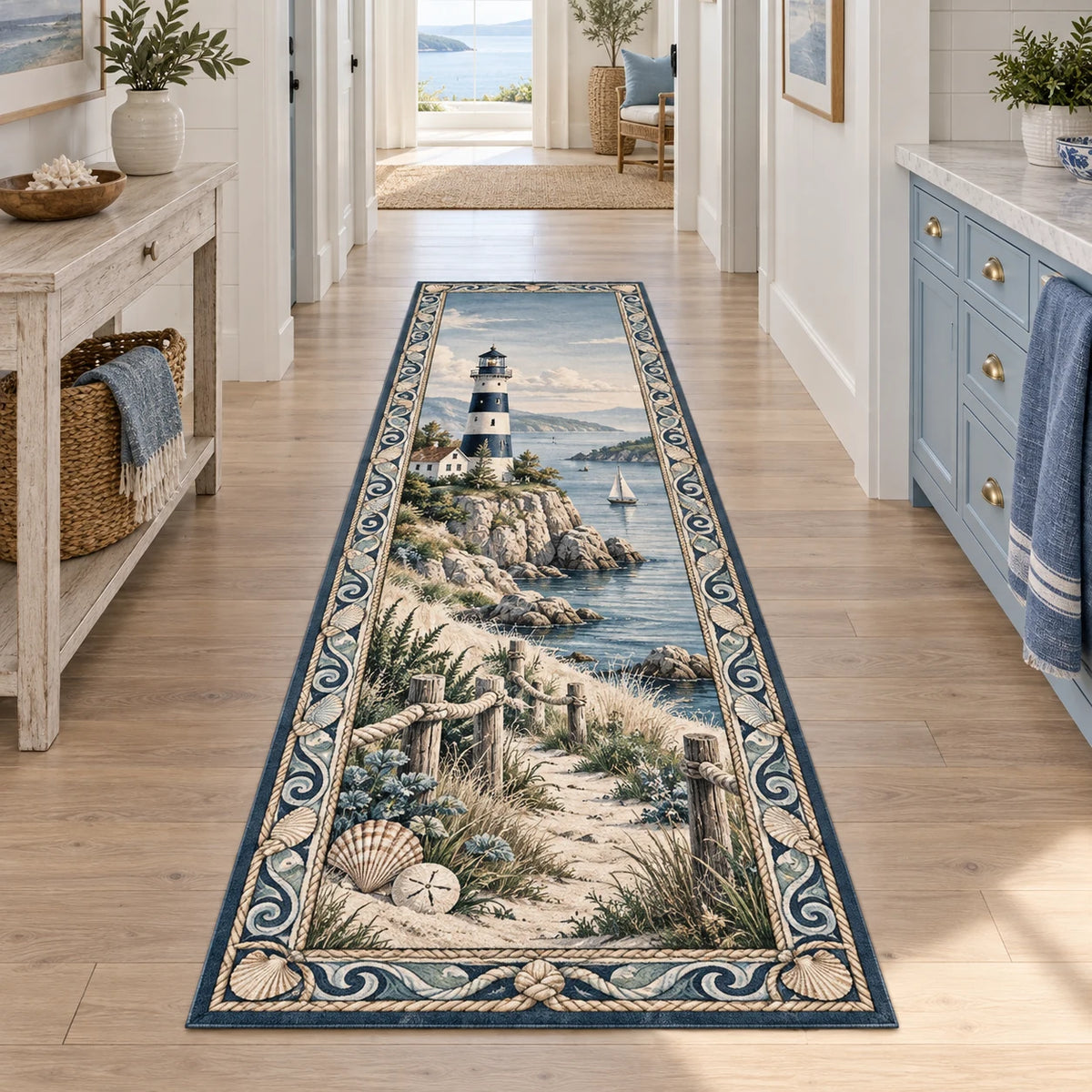 Navy and white lighthouse on a rocky calm harbor printed on a runner rug in a pale coastal room.