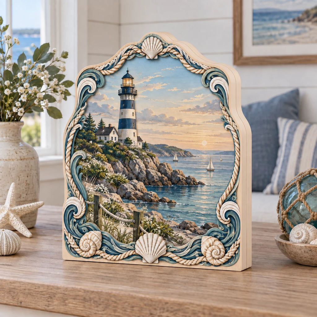 Three-layer wooden block showing a striped lighthouse, calm harbor and printed shell, rope and wave frame.