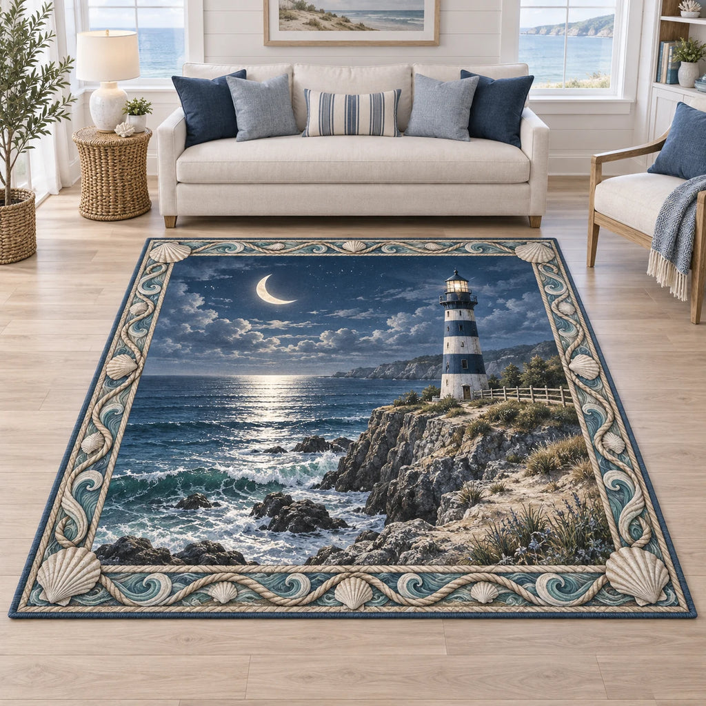 Lighthouse Point Moonlit Tide Area Rug with a striped lighthouse, crescent moon, silvery tide and shell-wave border in a blue-and-white coastal room.