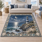 Lighthouse Point Moonlit Tide Area Rug with a striped lighthouse, crescent moon, silvery tide and shell-wave border in a blue-and-white coastal room.