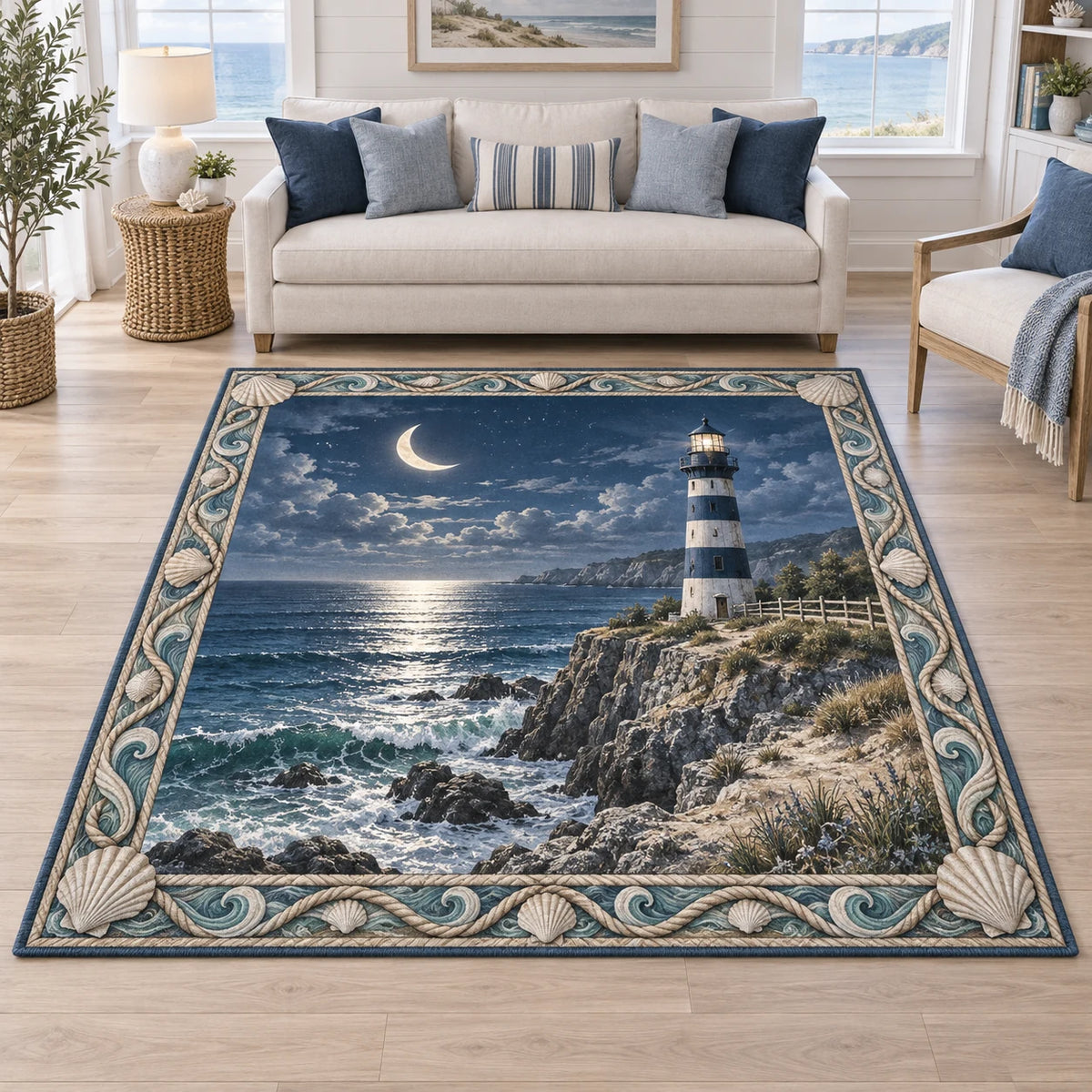 Lighthouse Point Moonlit Tide Area Rug with a striped lighthouse, crescent moon, silvery tide and shell-wave border in a blue-and-white coastal room.