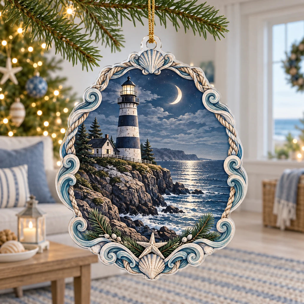 Lighthouse Point Moonlit Tide Christmas Ornament with a striped lighthouse, crescent moon, silvery tide and shell-wave border in a blue-and-white coastal room.