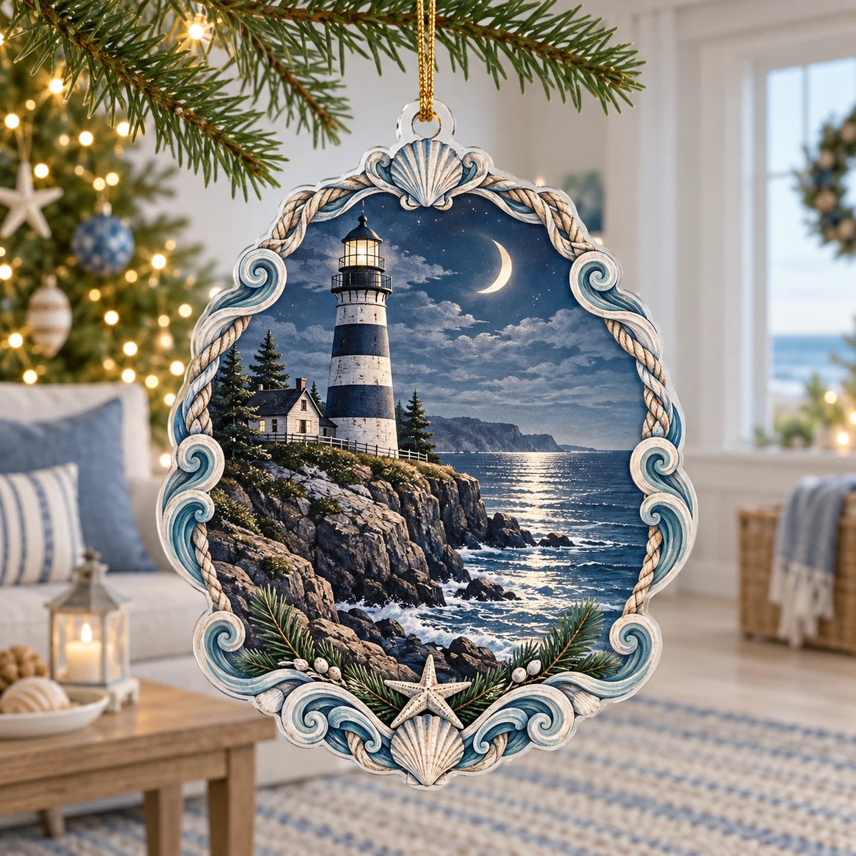Lighthouse Point Moonlit Tide Christmas Ornament with a striped lighthouse, crescent moon, silvery tide and shell-wave border in a blue-and-white coastal room.