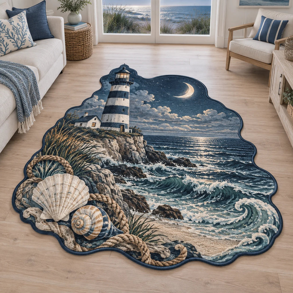 Lighthouse Point Moonlit Tide Custom Shape Area Rug with a striped lighthouse, crescent moon, silvery tide and shell-wave details in a pale coastal room.