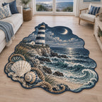 Lighthouse Point Moonlit Tide Custom Shape Area Rug with a striped lighthouse, crescent moon, silvery tide and shell-wave details in a pale coastal room.