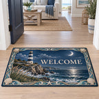 Lighthouse Point Moonlit Tide Doormat with a striped lighthouse, crescent moon, silvery tide and shell-wave details in a pale coastal room.