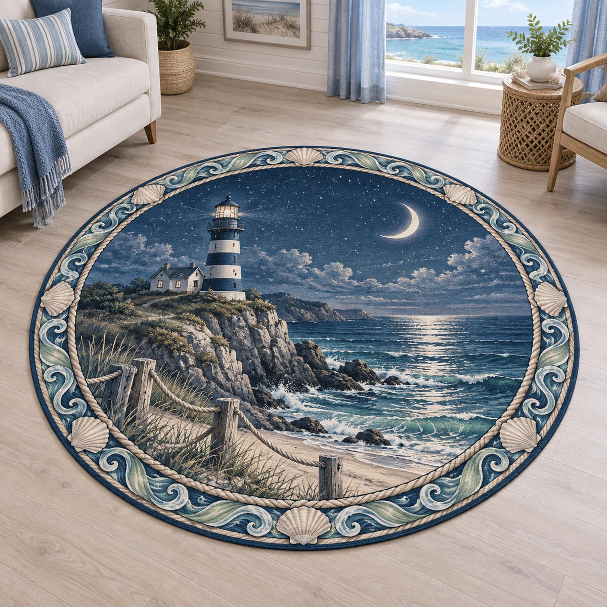 Lighthouse Point Moonlit Tide Round Mat Rug with a striped lighthouse, crescent moon, silvery tide and shell-wave border in a blue-and-white coastal room.