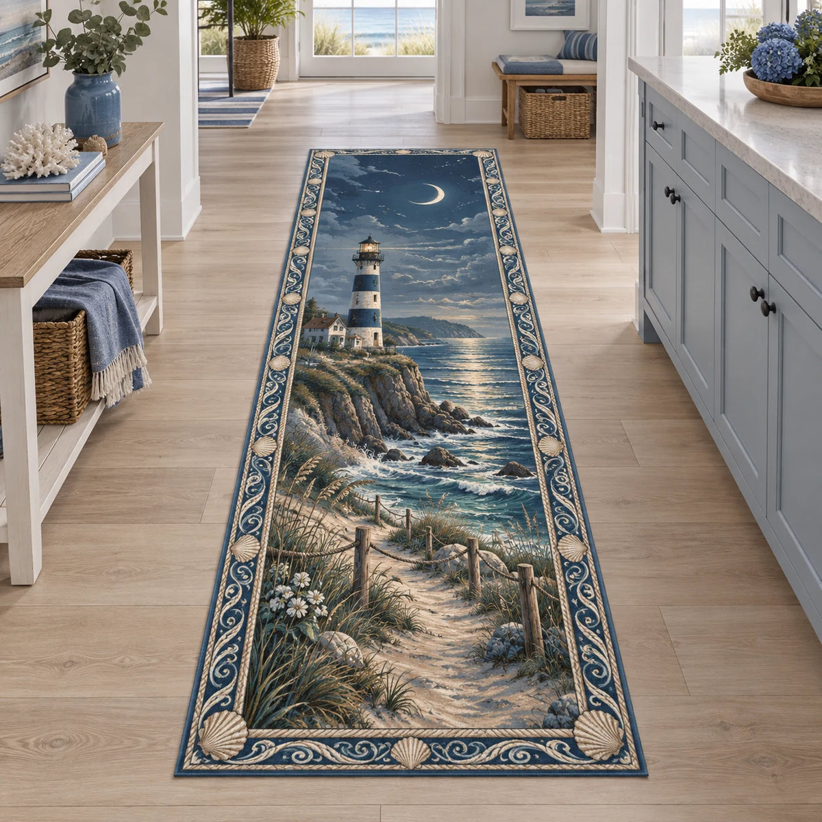 Lighthouse Point Moonlit Tide Runner Rug with a striped lighthouse, crescent moon, silvery tide and shell-wave border in a blue-and-white coastal room.