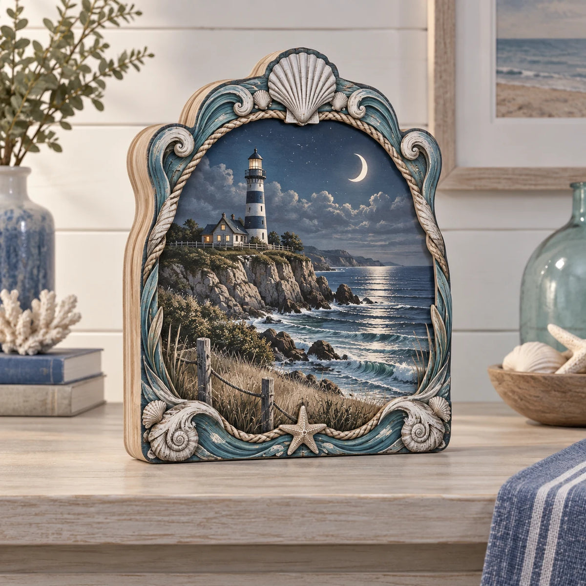 Lighthouse Point Moonlit Tide Wooden Block 3 Layer with a striped lighthouse, crescent moon, silvery tide and shell-wave details in a pale coastal room.