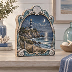 Lighthouse Point Moonlit Tide Wooden Block 3 Layer with a striped lighthouse, crescent moon, silvery tide and shell-wave details in a pale coastal room.