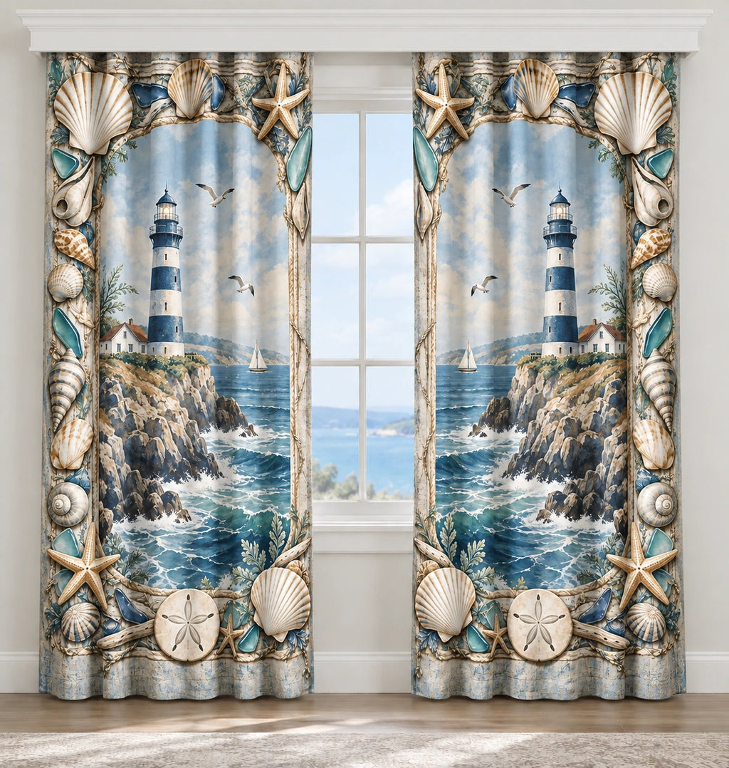 Lighthouse Shell Frame Window Curtain Pair with flat printed shell frame and lighthouse coastal depth