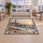 Lighthouse Sunrise Area Rug with dimensional printed artwork in a coordinated home setting