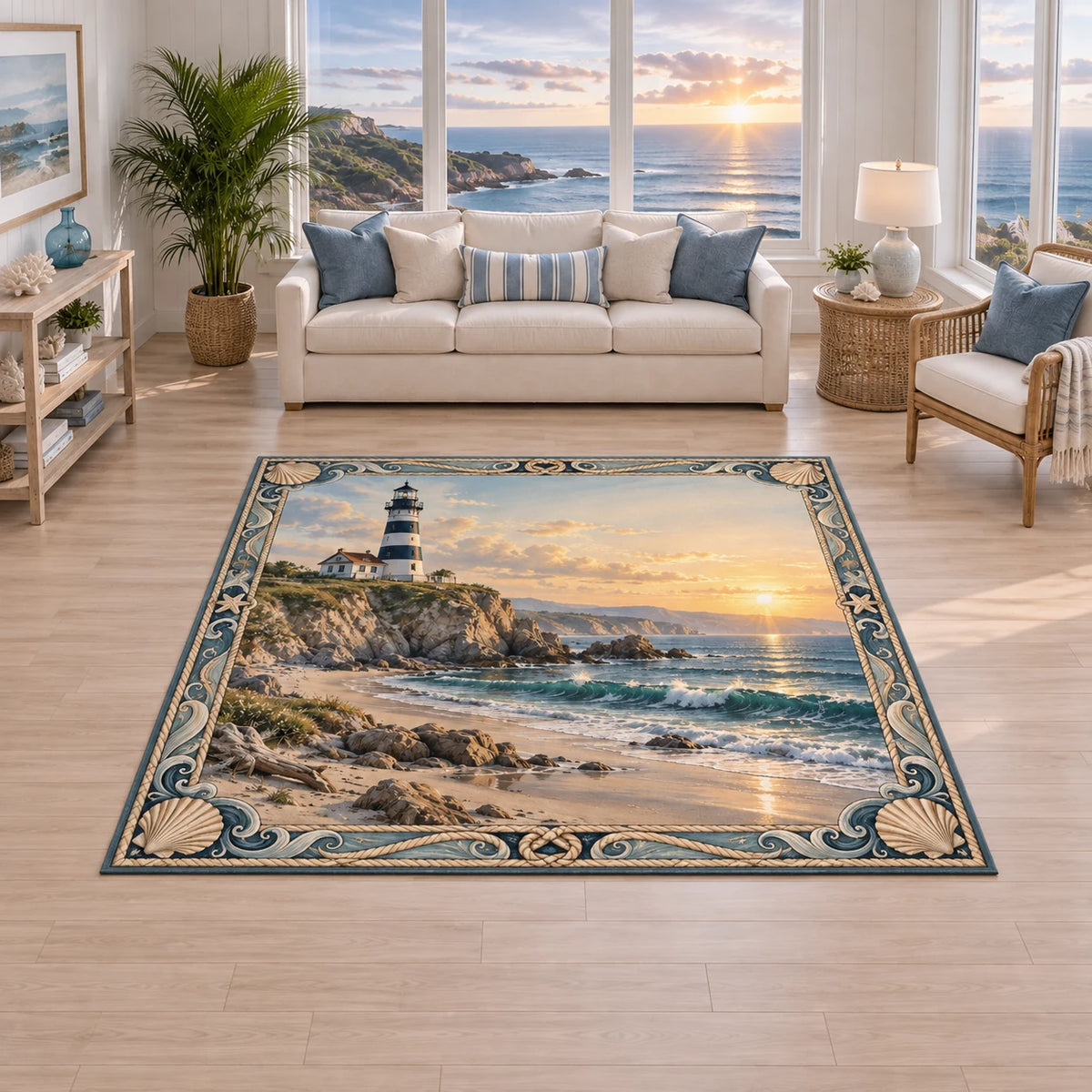 Lighthouse Sunrise Area Rug with dimensional printed artwork in a coordinated home setting