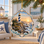 Lighthouse Sunrise Christmas Ornament with dimensional printed artwork in a coordinated home setting