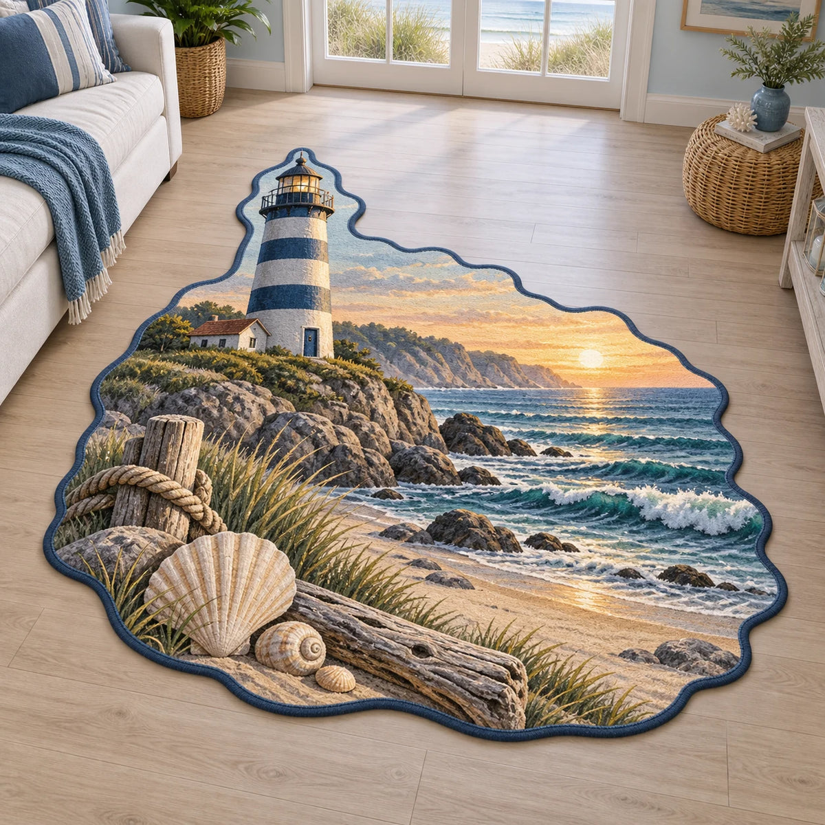 Lighthouse Custom Shape Area Rug with dimensional printed artwork in a coordinated home setting