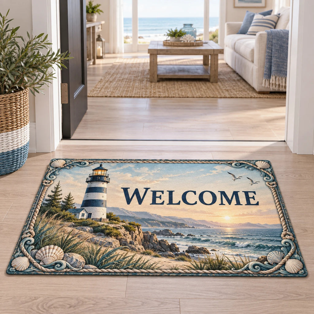 Lighthouse Welcome Doormat with dimensional printed artwork in a coordinated home setting