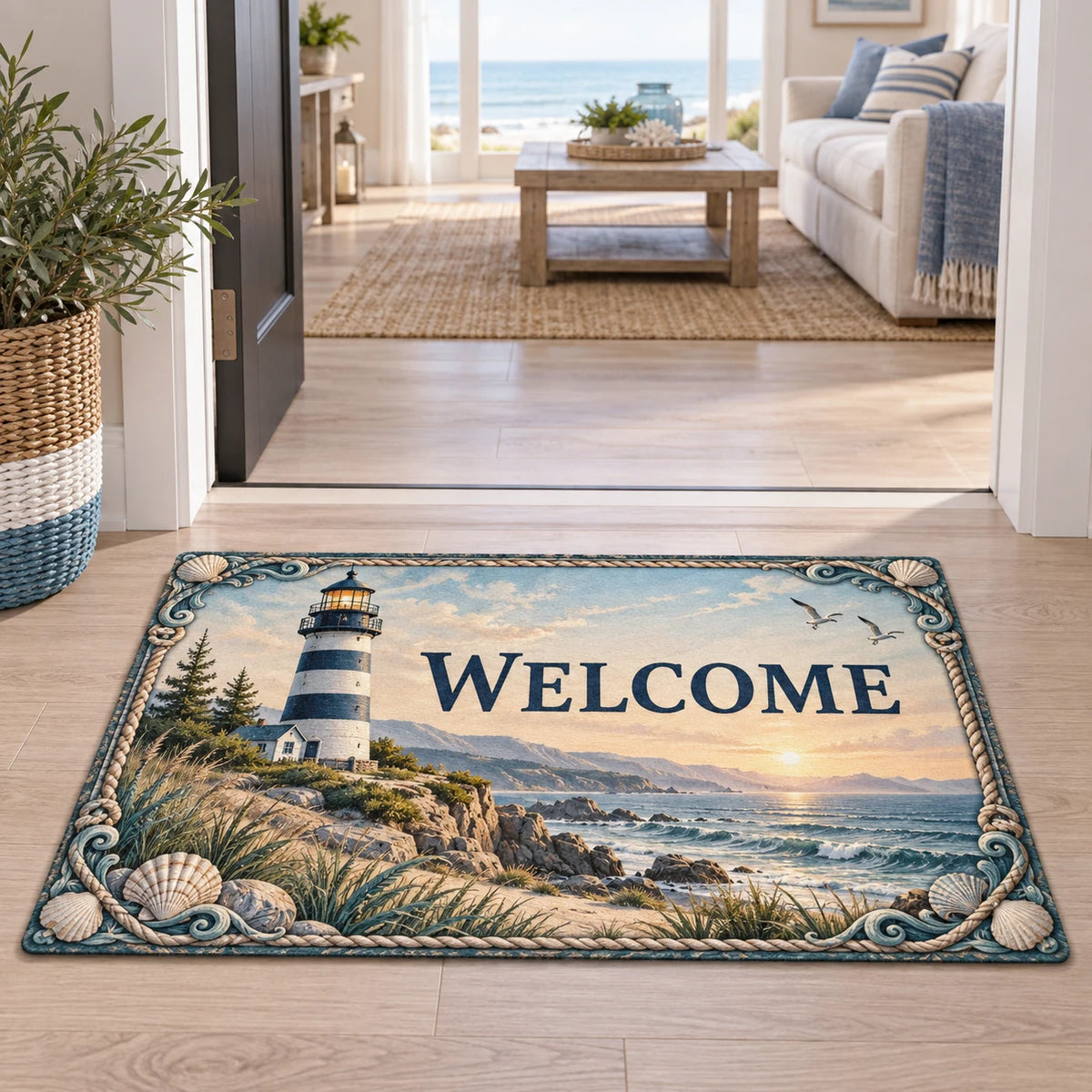 Lighthouse Welcome Doormat with dimensional printed artwork in a coordinated home setting