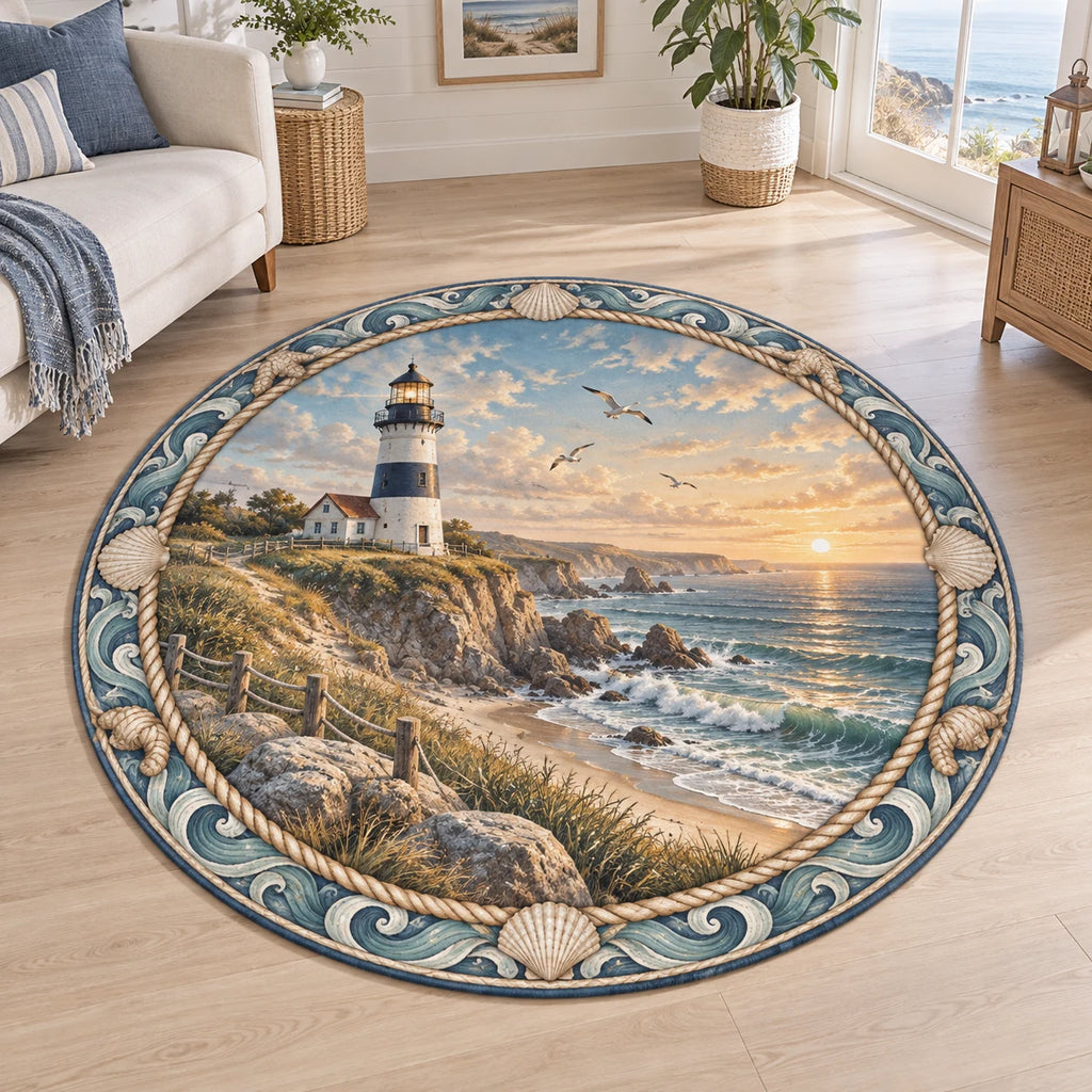 Lighthouse Sunrise Round Mat Rug with dimensional printed artwork in a coordinated home setting