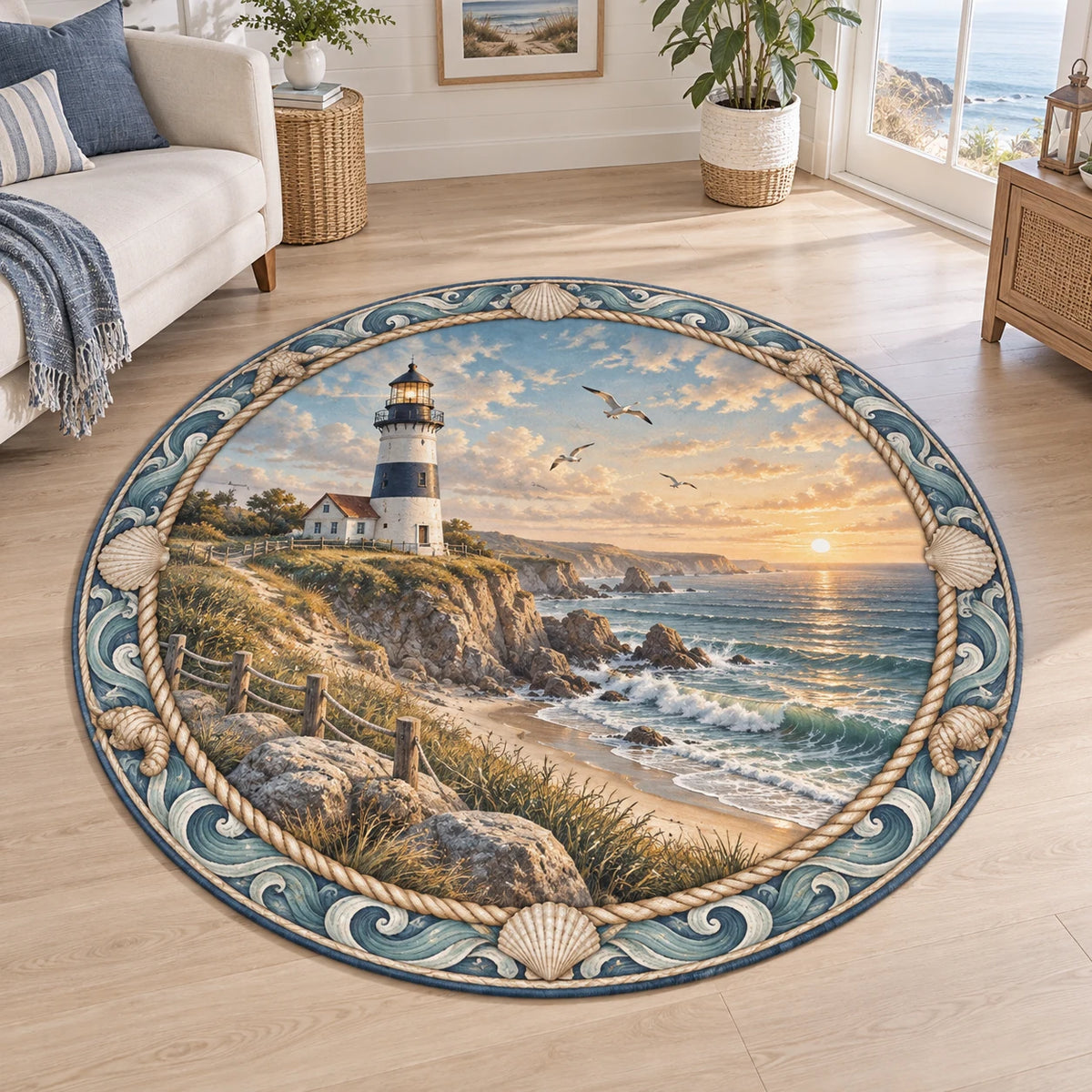 Lighthouse Sunrise Round Mat Rug with dimensional printed artwork in a coordinated home setting