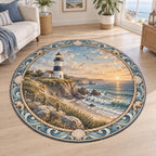 Lighthouse Sunrise Round Mat Rug with dimensional printed artwork in a coordinated home setting