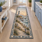 Lighthouse Sunrise Runner Rug with dimensional printed artwork in a coordinated home setting