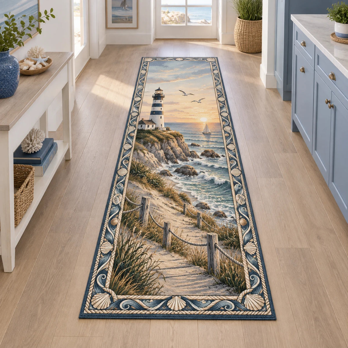 Lighthouse Sunrise Runner Rug with dimensional printed artwork in a coordinated home setting