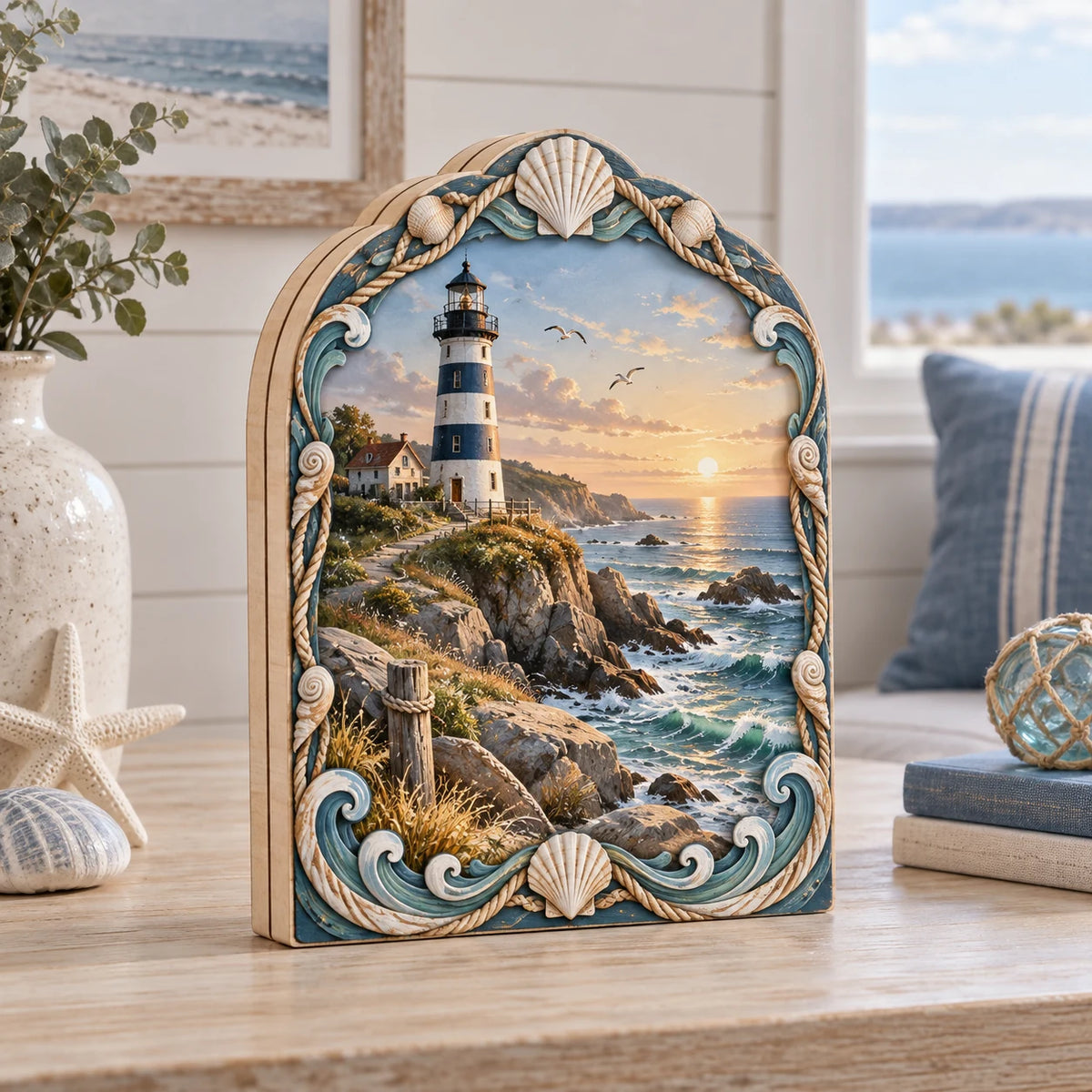 Lighthouse Wooden Block 3 Layer with dimensional printed artwork in a coordinated home setting