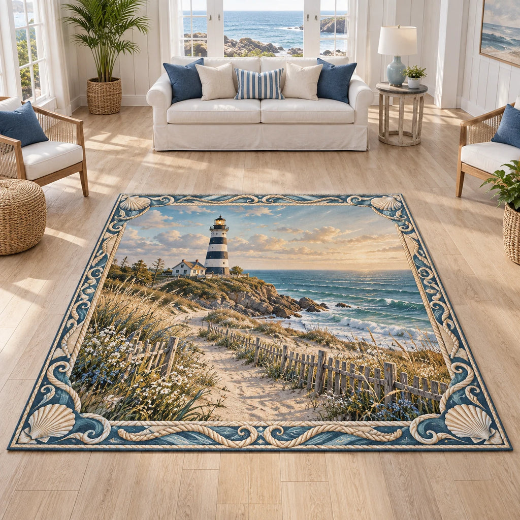 Rectangular rug with lighthouse, sandy dune path, wildflowers and nautical shell-and-rope frame.