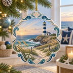Flat acrylic ornament with lighthouse, wildflower dunes, shell-and-wave border and gold hanging cord.