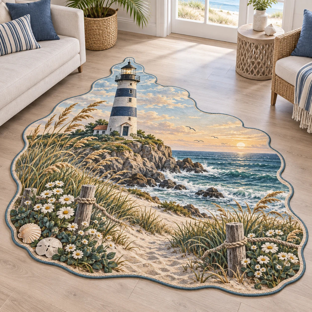 Custom shape rug with striped lighthouse, dune flowers, sandy path and blue contour binding.