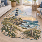 Custom shape rug with striped lighthouse, dune flowers, sandy path and blue contour binding.
