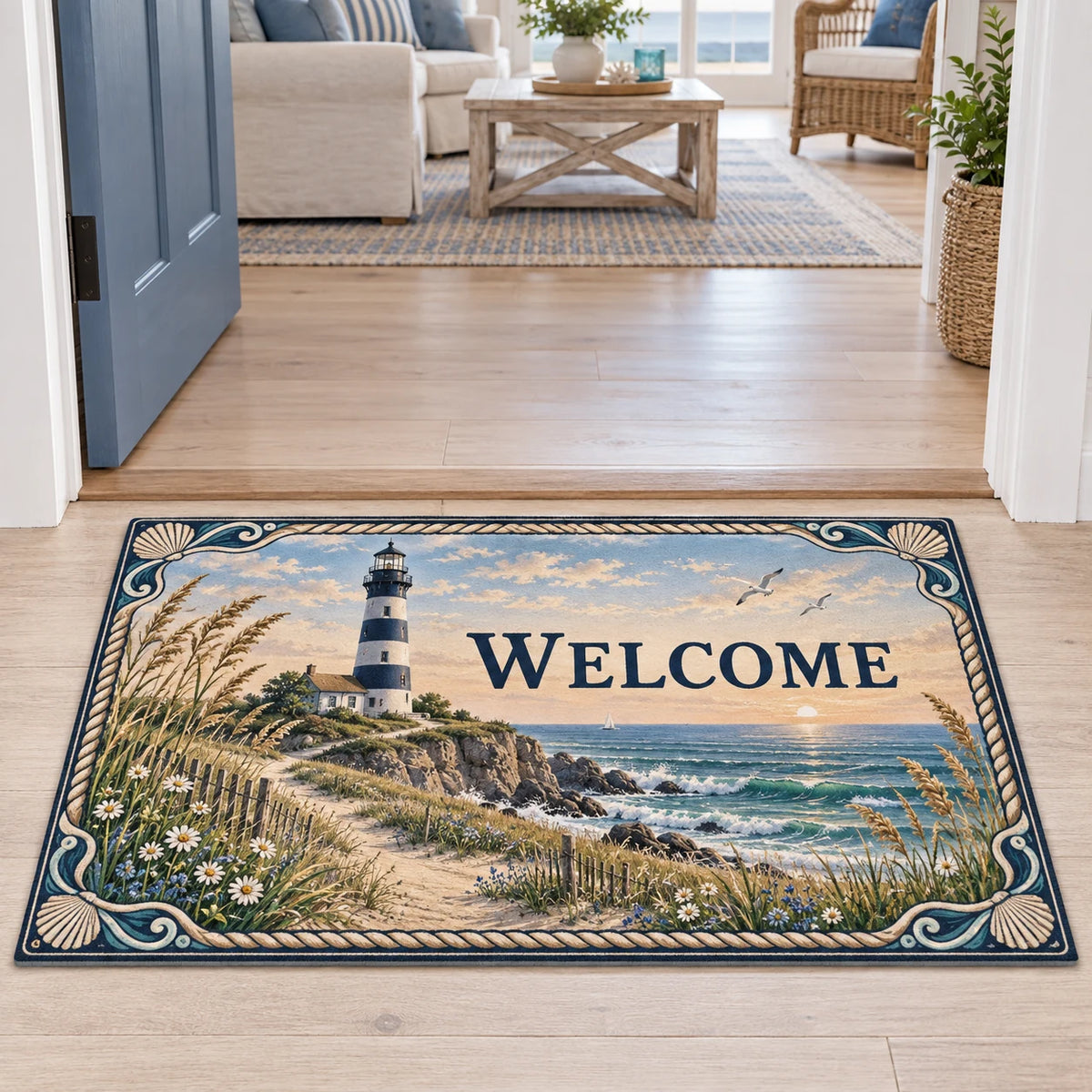 WELCOME doormat with lighthouse, sea oats, dune flowers and shell-and-rope border at a coastal doorway.