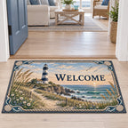 WELCOME doormat with lighthouse, sea oats, dune flowers and shell-and-rope border at a coastal doorway.