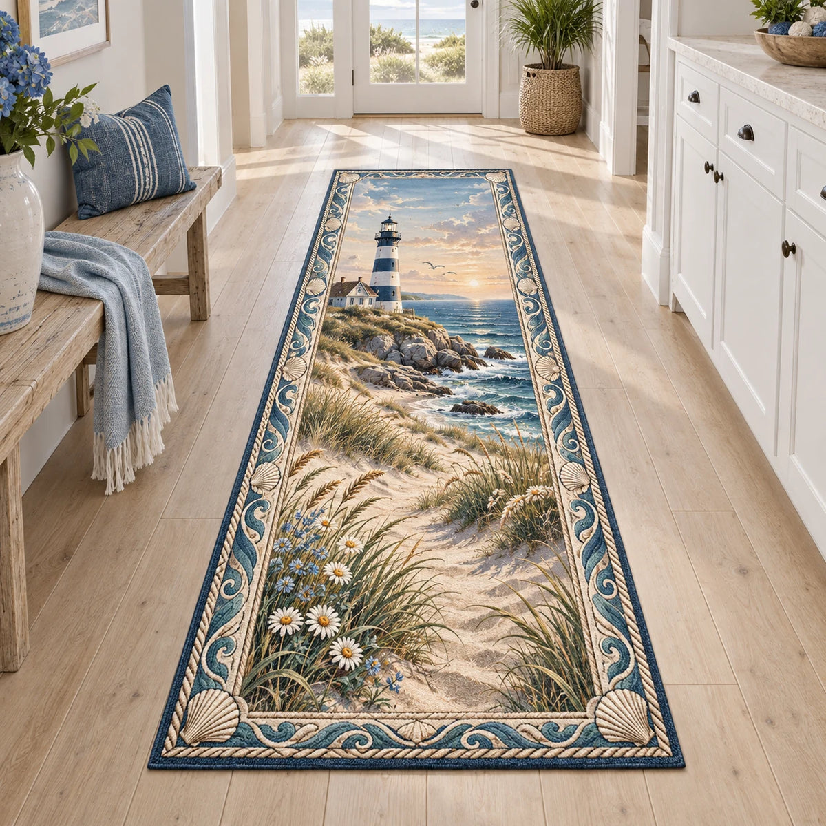 Long runner with dune flowers, sandy path, striped lighthouse and narrow shell-and-wave borders.