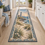 Long runner with dune flowers, sandy path, striped lighthouse and narrow shell-and-wave borders.