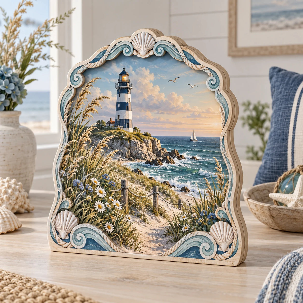 Three-layer wooden block with lighthouse, dune flowers and shell-and-wave border in a coastal setting.
