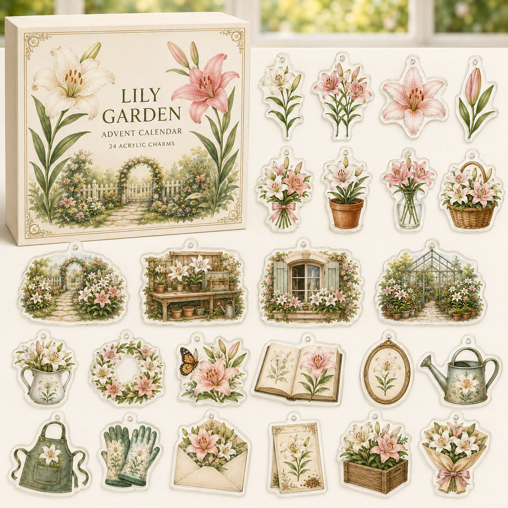 Lily advent calendar box and 24 printed acrylic botanical charms