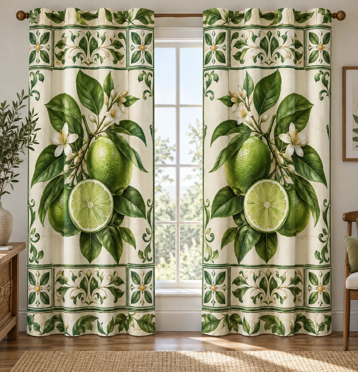 Lime Garden Tile Window Curtains with printed dimensional artwork