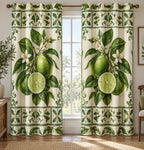 Lime Garden Tile Window Curtains with printed dimensional artwork