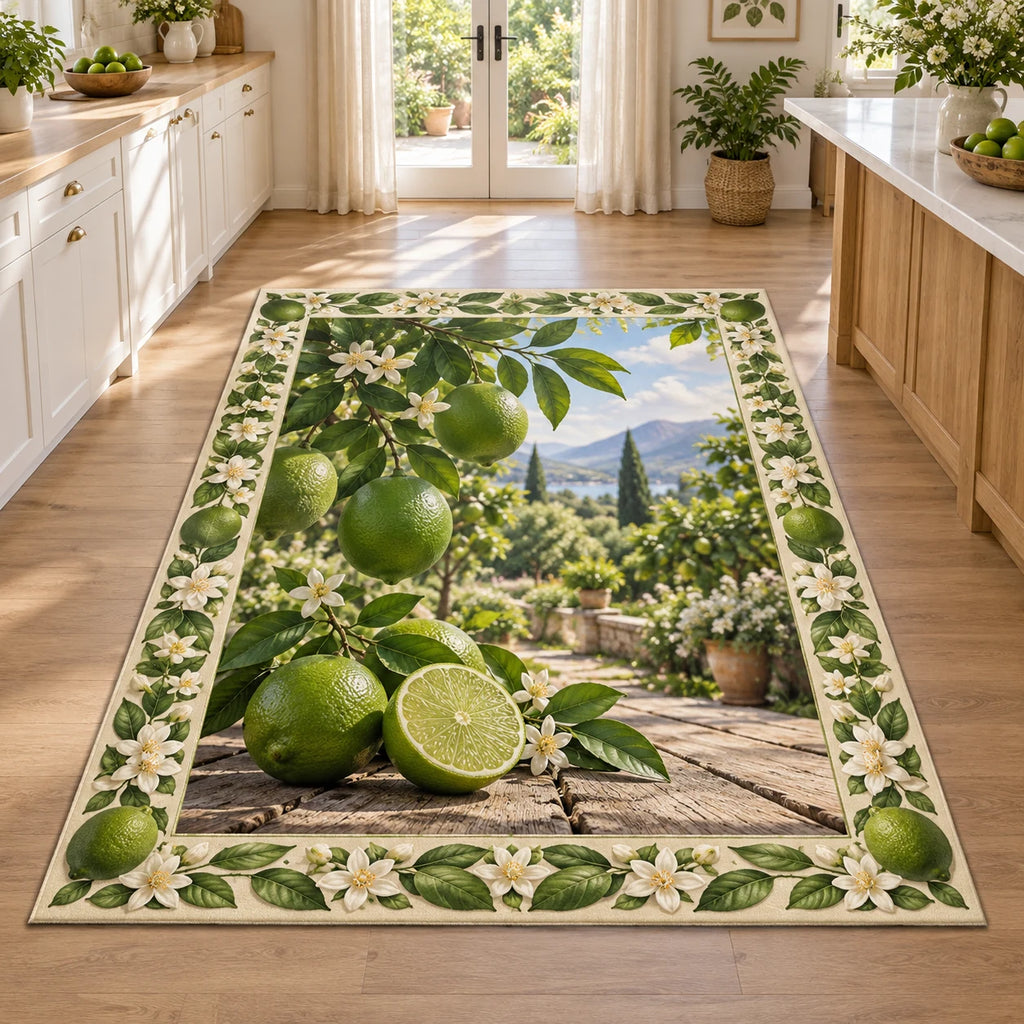 Green lime branch and cut lime printed 3D area rug with white citrus blossom border