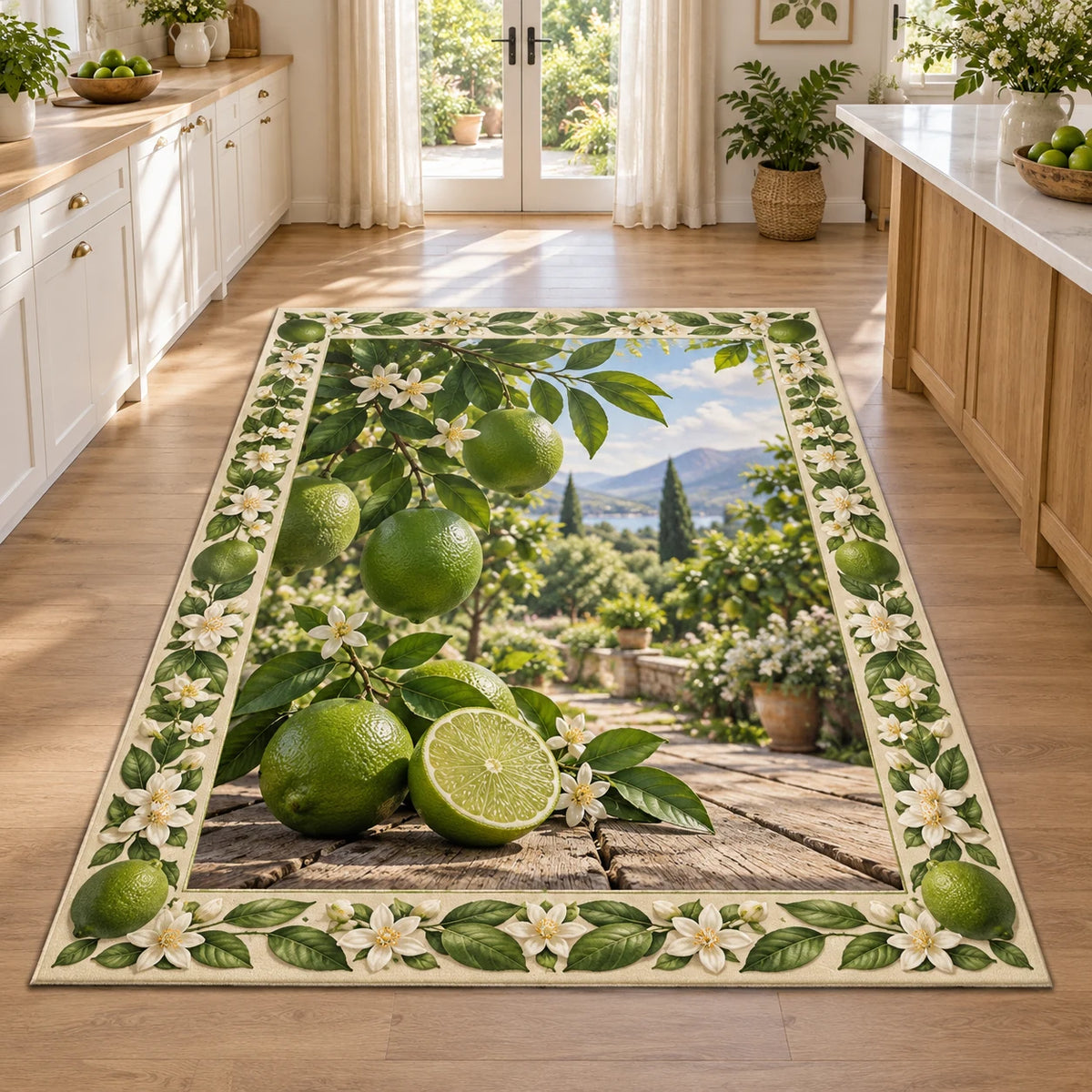 Green lime branch and cut lime printed 3D area rug with white citrus blossom border