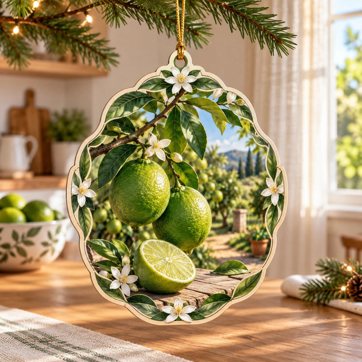Green lime branch and cut lime printed 3D christmas ornament with white citrus blossom border