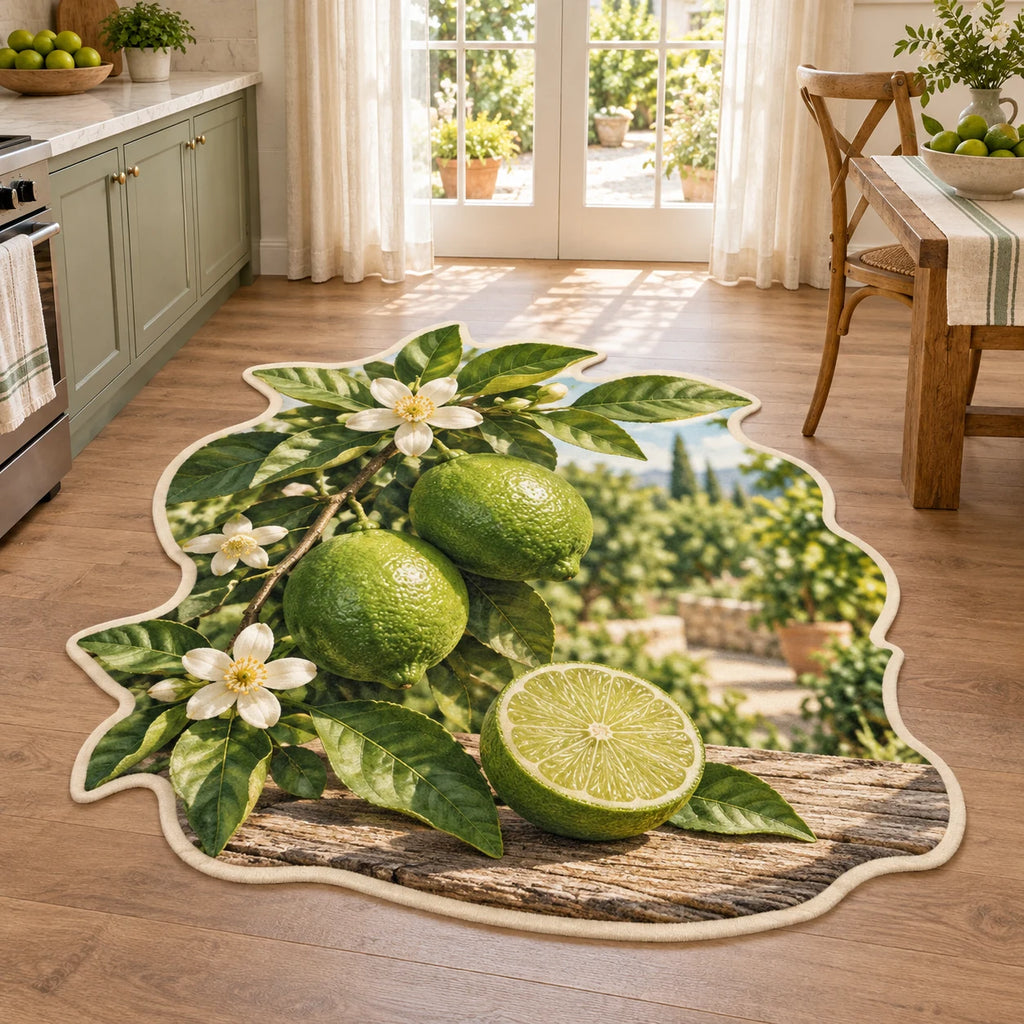 Green lime branch and cut lime printed 3D custom shape area rug with white citrus blossom border