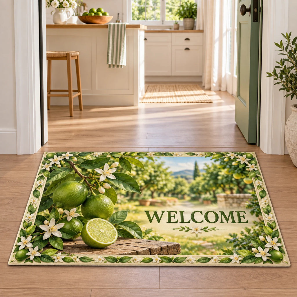 Green lime branch and cut lime printed 3D doormat with white citrus blossom border