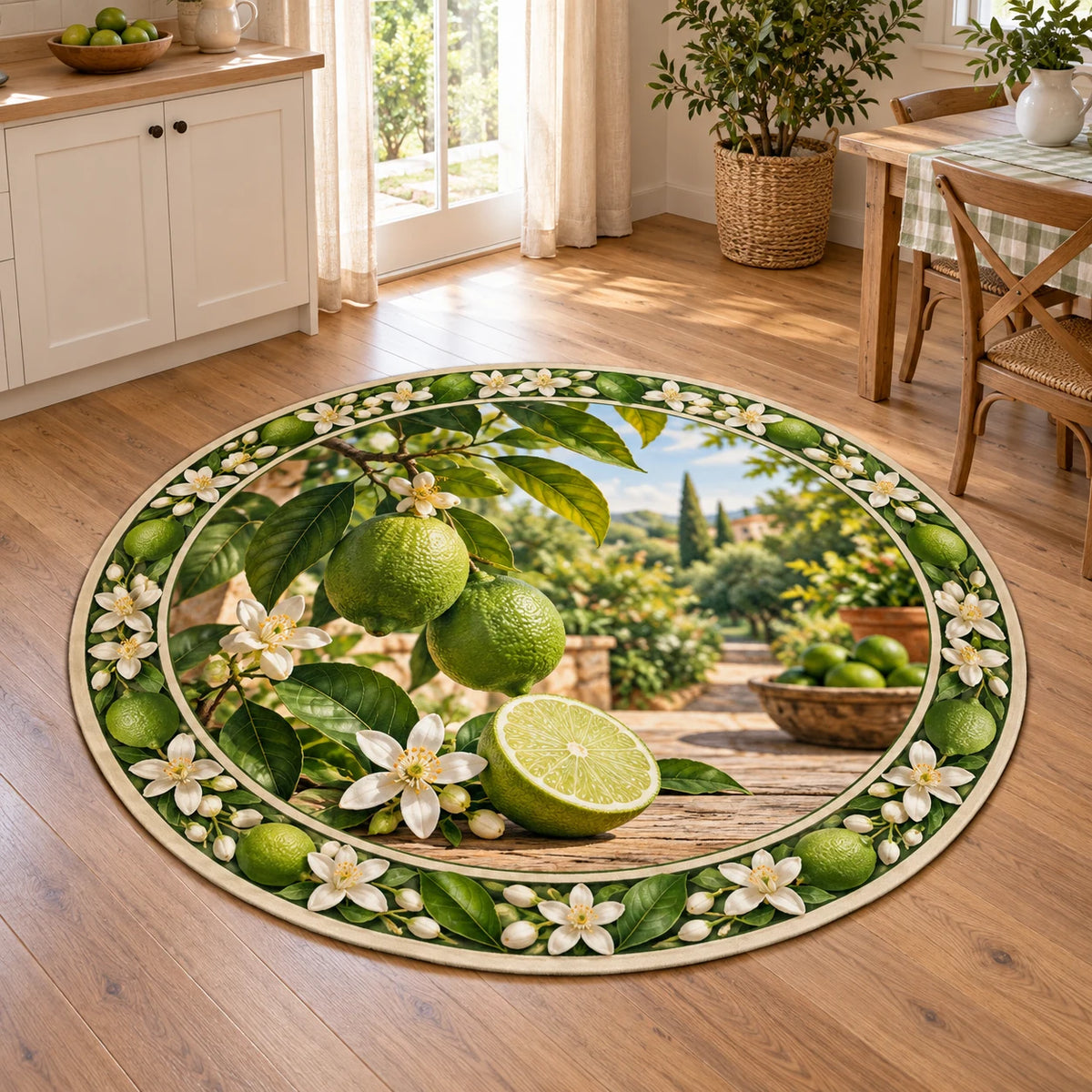 Green lime branch and cut lime printed 3D round mat rug with white citrus blossom border