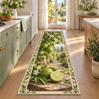 Green lime branch and cut lime printed 3D runner rug with white citrus blossom border