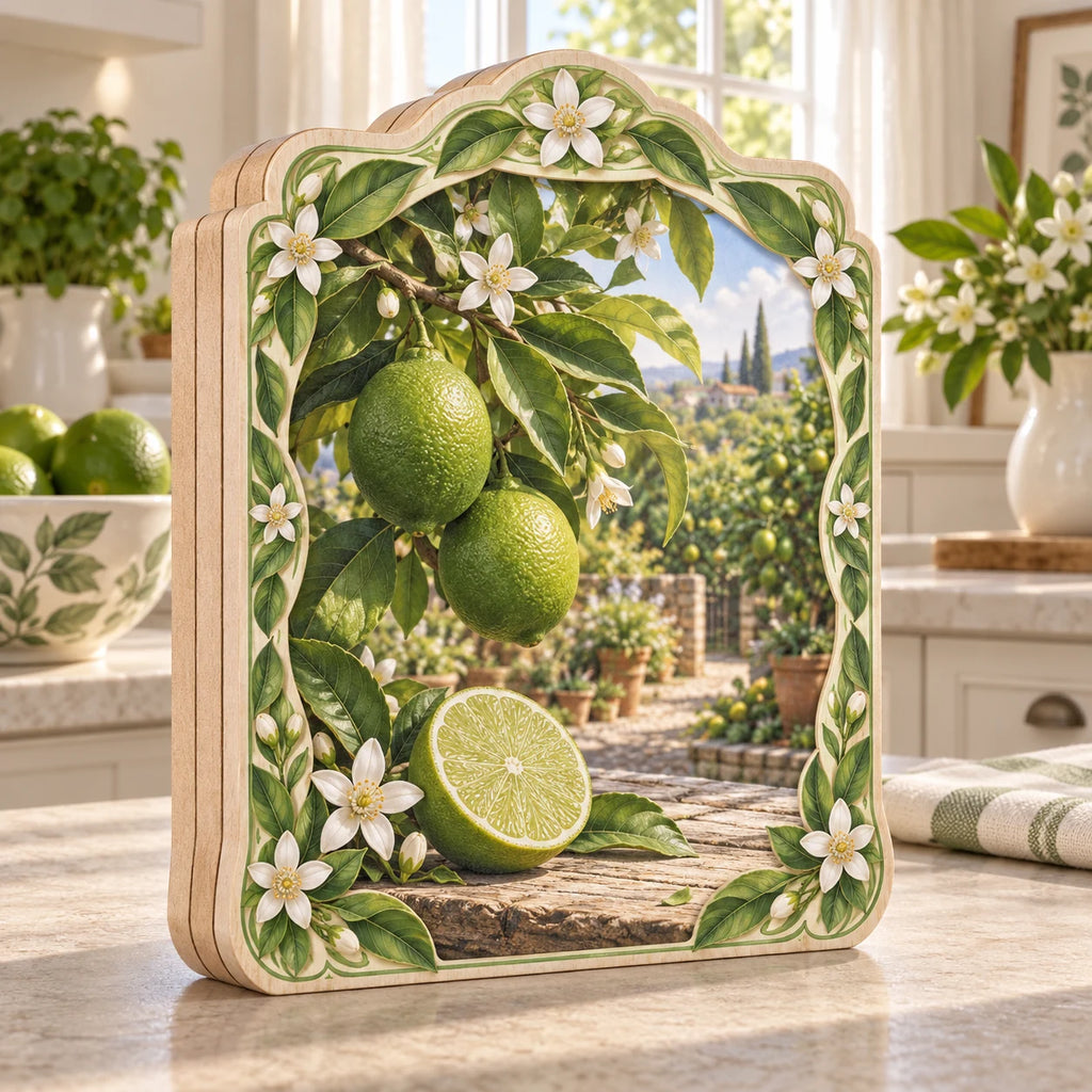 Green lime branch and cut lime printed 3D wooden block 3 layer with white citrus blossom border