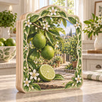 Green lime branch and cut lime printed 3D wooden block 3 layer with white citrus blossom border